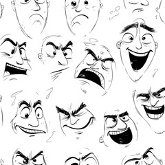 A seamless background featuring a modern pattern with cartoon characters expressing various emotions, including smiling, happy, sad, thinking, excited, angry, and upset, can be used for wallpaper,