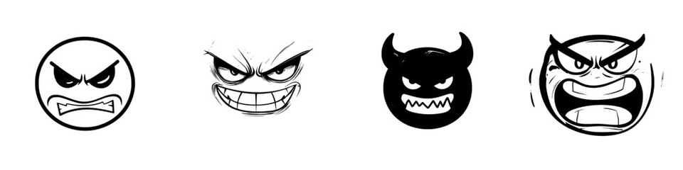 A cartoonish face of a villain, depicted with a modern laughing emoji that has angry eyes and a toothy, laughing mouth, conveying negative emotions and humorous feelings on a white background
