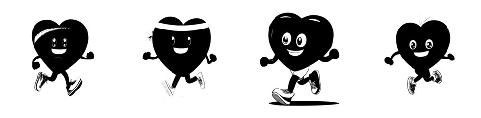 A cartoon character of a running heart wearing a fitness tracker, depicted as a modern athlete with the heart organ in a headband and sneakers, monitoring pulse during sports exercises or a marathon