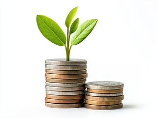 A stack of coins with a flourishing plant growing from the top representing financial prosperity
