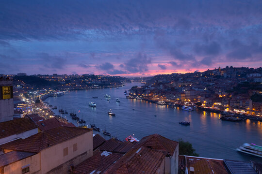 View over Porto and river Douro at dusk, Portugal