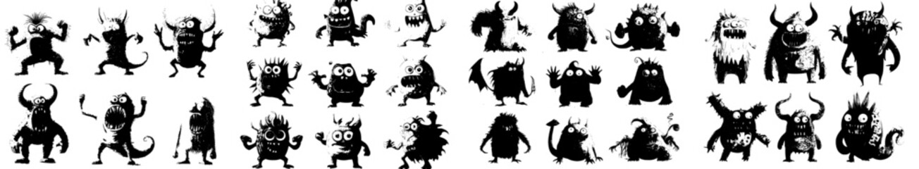 Modern bizarre animals, cartoon monster characters, and funny alien creatures, including kids' personages, are featured alongside cute cheerful monsters