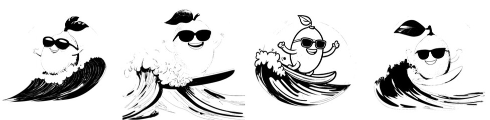 A modern, yellow citrus character, reminiscent of a lemon, is depicted riding a large wave on a surfboard while wearing sunglasses and displaying a happy smile, embodying the thrill and adventure of
