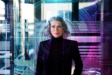 Businesswoman in a futuristic digital interface setting