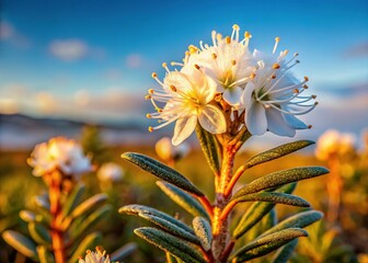 Arctic Labrador Tea Flower, Rhododendron groenlandicum, Nunavut, Canada - Side View
