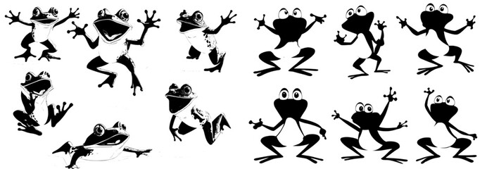 A cartoon toad's full jump cycle is captured in a sprite sheet, from initial crouch to high-flying leap and gentle landing