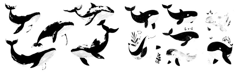 Ocean mammal creatures, like sperm and bowhead whale personages, are illustrated as friendly aquatic characters, surrounded by water fountains, in cartoon game design