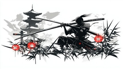 Samurai Warrior in Bamboo Forest with Pagoda Background - Japanese Art Illustration