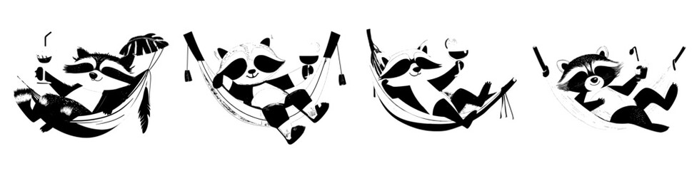 A cartoon raccoon character is depicted relaxing in a hammock while enjoying a juice or cocktail, embodying a modern and cute animal mascot, particularly one on holiday or summer vacation © Andrei