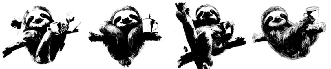 A serene cartoon sloth character is depicted enjoying a peaceful nap on a branch while holding a coffee cup, embodying the epitome of relaxation in a modern tropical setting © Andrei