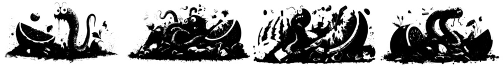 A cartoon earthworm is depicted in compost soil, symbolizing farming and gardening's use of natural fertilizer, soil renewal in agriculture, and the ecological concept of organic waste recycling with