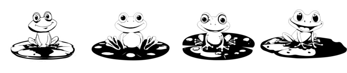 A charming cartoon frog sits on a water lily leaf, depicted as a modern, isolated amphibian with a kid-friendly persona, characterized by its round eyes and infectious smile, showcasing its green
