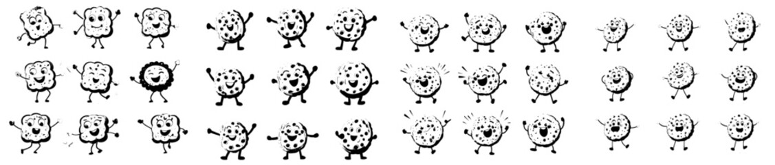 Funny cartoon characters of cookies, crackers, and gingerbread cookies are depicted as smiling personages