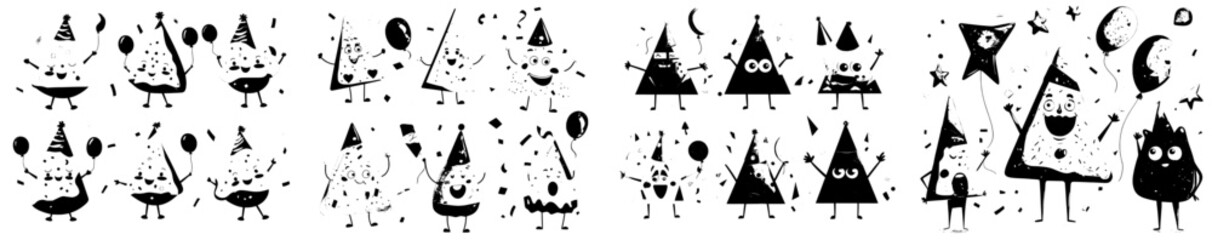 Mexican cuisine is represented by cheerful cartoon characters of crispy nachos, a shack, a clown, and musicians on a birthday holiday anniversary, surrounded by funny nachos, a clapper, birthday