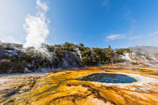 Map of Africa and Rainbow Terrace, Orakei Korako Geothermal Park, Taupo Volcanic Zone, North Island, New Zealand