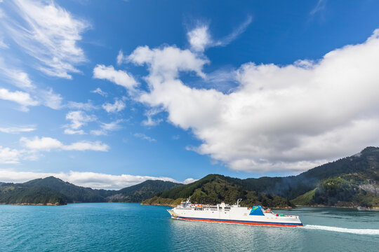 New Zealand, Marlborough Region, Picton, White summer clouds over forested coastline of South Island and ferry crossing Marlborough Sounds