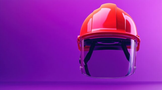 A red hard hat with a protective face shield on a bright purple background