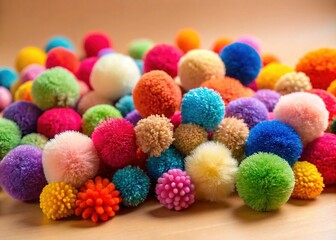 Colorful Fluffy Pom-Poms Playful Artistic Arrangement Light Background Stock Photo