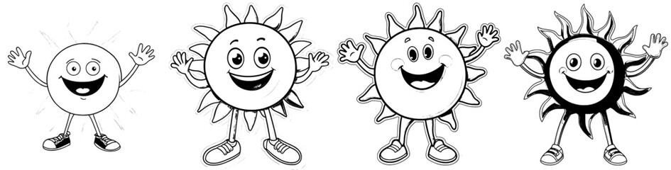 A groovy cartoon character from the retro era is represented by a psychedelic sun with a happy face and a smile, symbolizing a fun and modern personality enjoying the sunshine of summer, depicted in