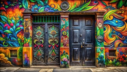 Naklejka premium Colorful Stucco Building with Black Metal Doors and Graffiti Art - Urban Street Scene Stock Photo