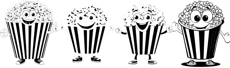 A cartoon character from the retro groovy era, depicted in a modern funny comic style reminiscent of 70s hippie art, is shown as a popcorn bucket with a happy smile