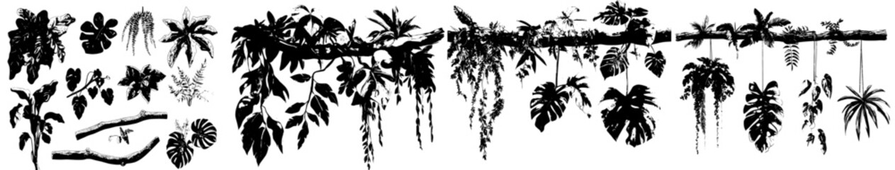 A cartoon depiction of a tropical jungle features a forest liana branch, modern vines, and a tree with a plant thicket, showcasing rainforest climbing and hanging roots, leaves, and green foliage © Andrei