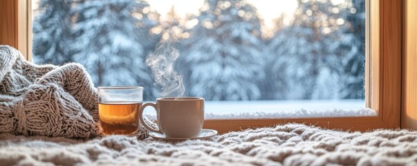 cozy reading nook with a steaming mug of tea, a soft blanket, and a frosted window showcasing a snowy landscape, Generative AI
