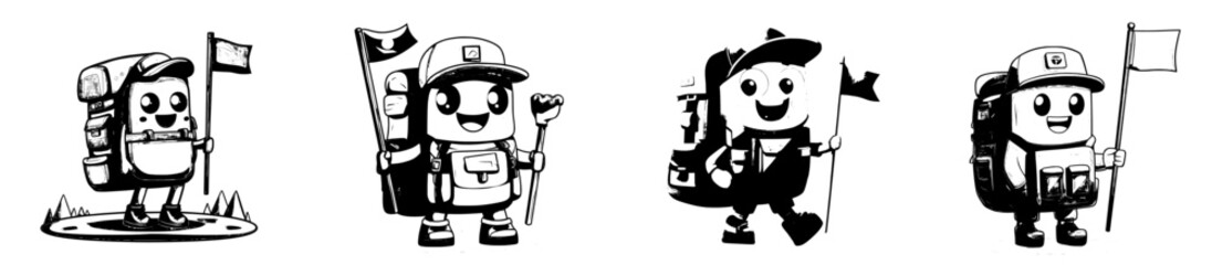 A cartoonish backpack with a retro and groovy vibe is depicted as a travel and tourism character, isolated and modern, with anthropomorphic features, holding a flag and equipped for adventure,