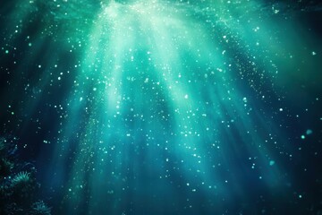 Naklejka premium ethereal underwater scene with bioluminescent sea creatures, creating a magical blue-green atmosphere with streaming light rays and floating particles