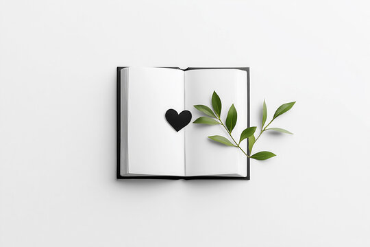 Open notebook on light surface with heart and green branch. World Poetry Day concept - Powered by Adobe