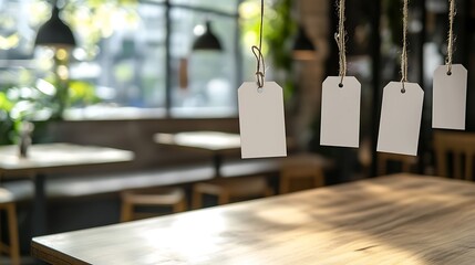 Empty white tags hanging in a cafe, showcasing a blurred background of tables and chairs.