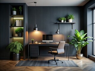 Fototapeta premium Modern Dark Room Interior Design: Stylish Home Office Setup with Ambient Lighting