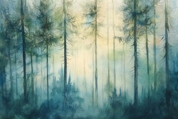 ethereal watercolor forest scene with misty morning light filtering through towering pine trees, soft green and blue washes blending organically, delicate ink details defining branches