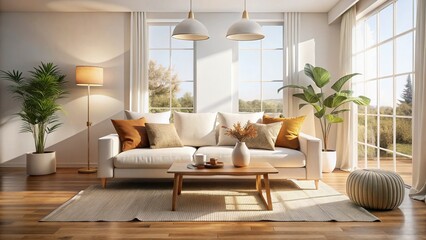 Fototapeta premium Modern Living Room Interior: White Sofa with Brown Pillows, Cozy Home Decor