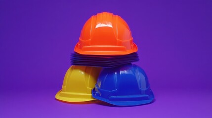 Fototapeta premium A stack of orange, blue, and yellow hard hats arranged on a purple background