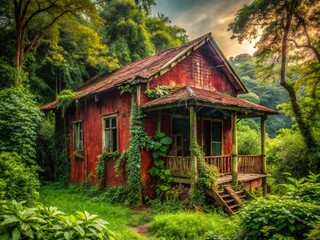 Overgrown Red Cottage, Abandoned House, Nature Reclaimed, Rustic Veranda, Decaying Building