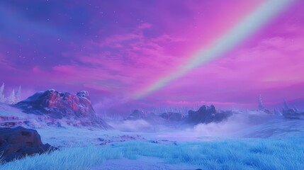 Expansive Icy Tundra Under Vibrant Pink and Blue Skies