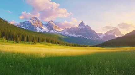 Obraz premium Towering Mountain Ranges with Snow Capped Peaks at Sunset