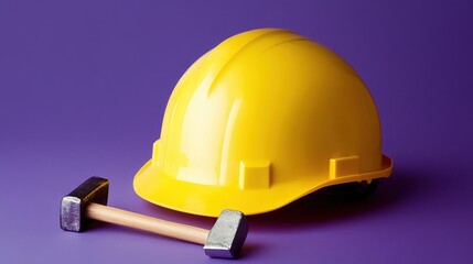 A yellow hard hat with a small construction hammer resting beside it on a purple background