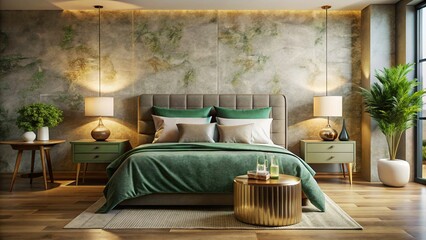 Serene Bedroom Interior: Silk Linen Bed, Curbstone Headboard, and Stylish Bedside Table