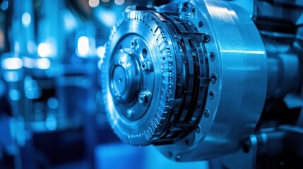 Obraz premium Close-up of a high-speed motor with intricate wiring on a royal blue background