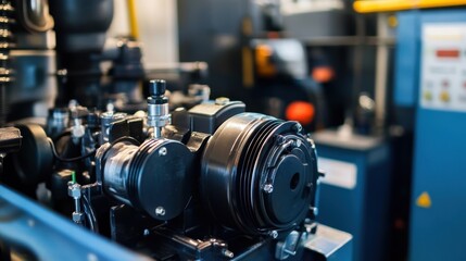 Complex hydraulic pump system displayed on a cool-toned blue backdrop