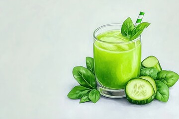Digital Illustration Of Green Smoothie With Cucumber And SpinachLeaf And Cucumber Slices With Light