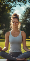 A woman is doing yoga in the park, meditation, nature, relaxation, business, breathing, exercise, yoga, advertising, posters, wallpaper, background, background, health