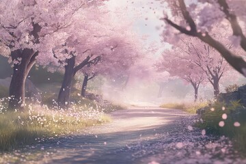 Obraz premium A dreamy springtime scene of a park lined with cherry blossom trees in full bloom, soft pink petals falling gently to the ground.