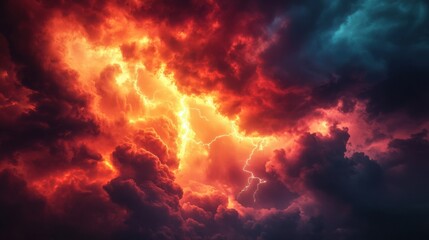 Dramatic Lightning Storm Cloudscape Fiery Red and Dark Teal Sky