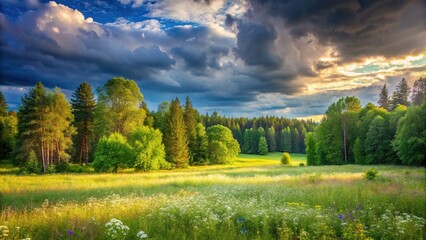 Obraz premium Summer Meadow, Cloudy Sky, Lush Green Forest - Nature Stock Photo