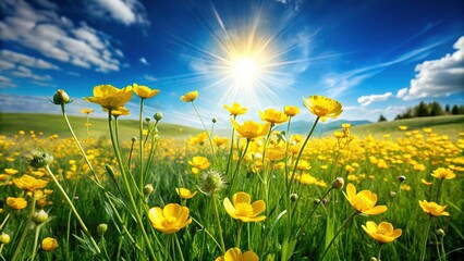 Sunny Meadow with Blooming Buttercups and Lush Green Grass Under a Vibrant Blue Sky