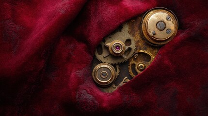 Gear mechanism partially disassembled on a deep red backdrop