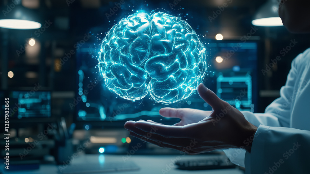 Aufkleber Doctor holding a floating blue digital brain scan hologram over his hands with glowing elements. Generative ai